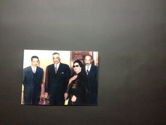 Umm Kulthum shows off her political credentials, and trademarks shades, in a photo featuring both Presidents Nasser (to her right) and Sadat (to her left). Badly taken in her museum in Cairo, which is thoroughly worth a visit