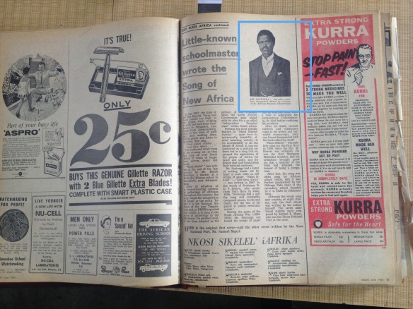 Enoch Sontonga as featured in the trendy Drum magazine in June 1963. It's covered promised 'The story of Nkosi Sikelel'' showing its importance at that time